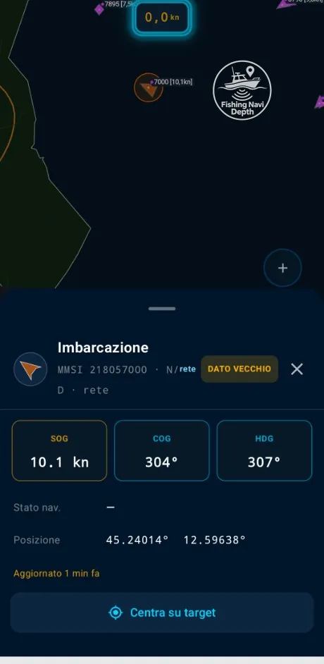 La scheda di un'imbarcazione AIS con SOG, COG e prua