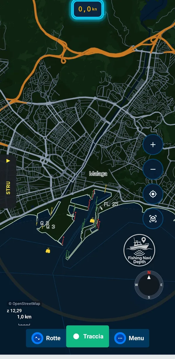 La carta di notte sul porto di Malaga
